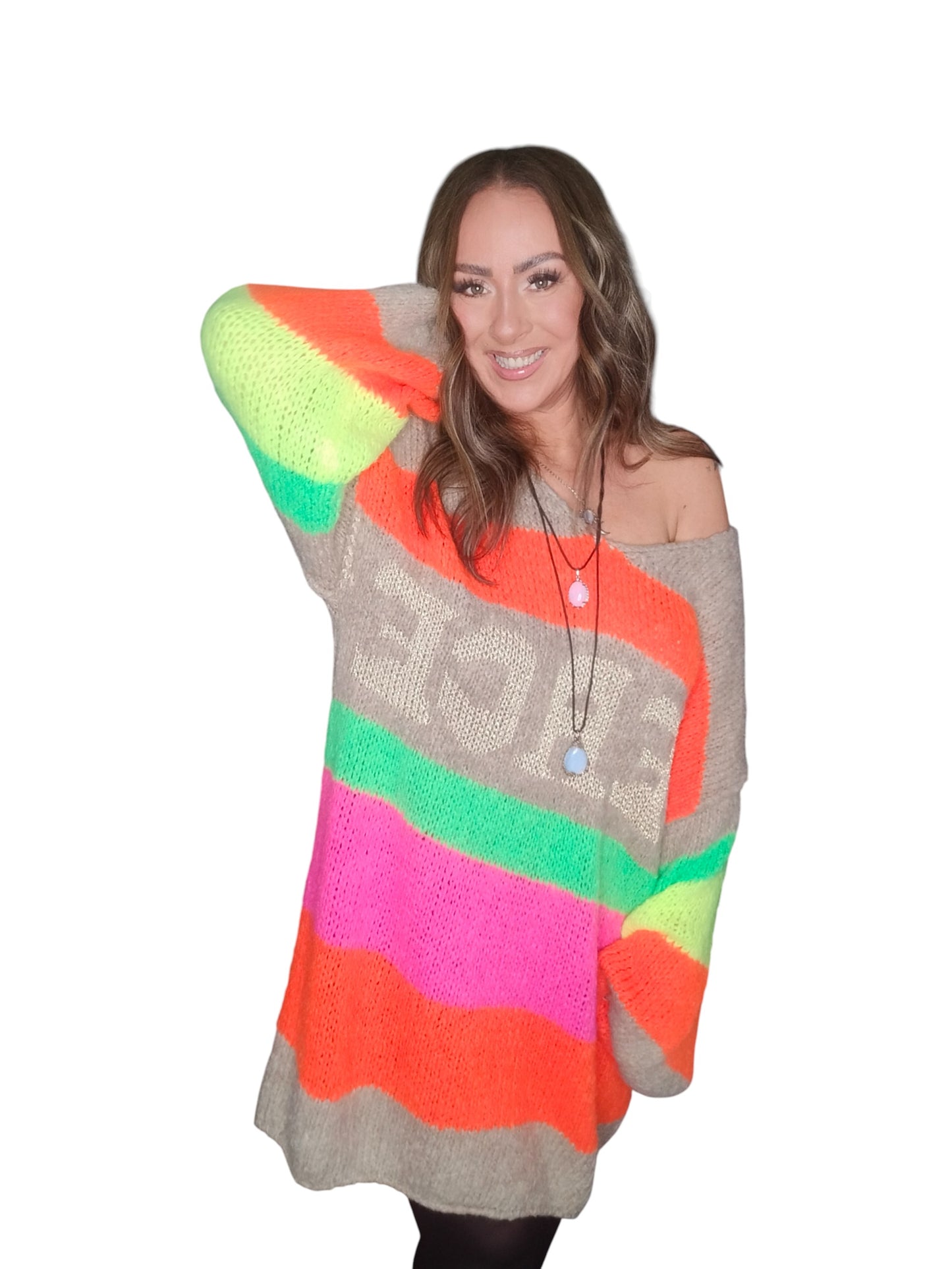 Strickkleid bunt mit " Peace " Aufschrift